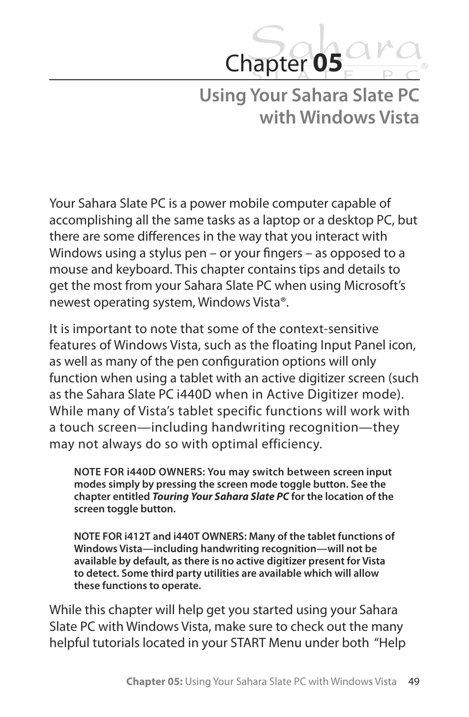 Using your sahara slate pc with windows vista, Chapter | TabletKiosk Sahara Slate PC i400 Series User Manual | Page 64 / 124