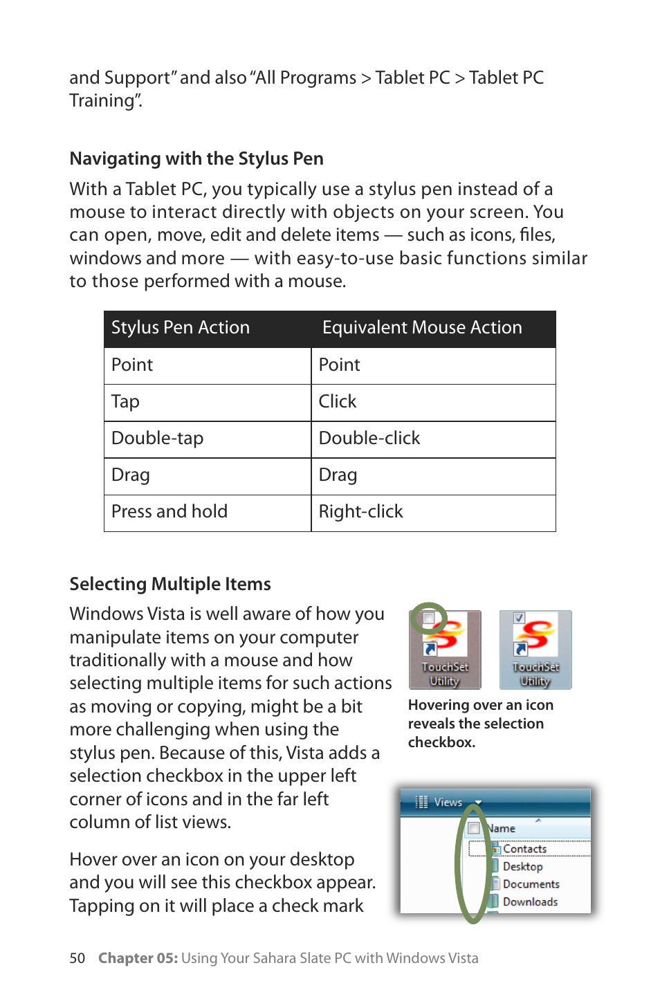 Navigating with the stylus pen, Selecting multiple items | TabletKiosk Sahara Slate PC i400 Series User Manual | Page 65 / 124