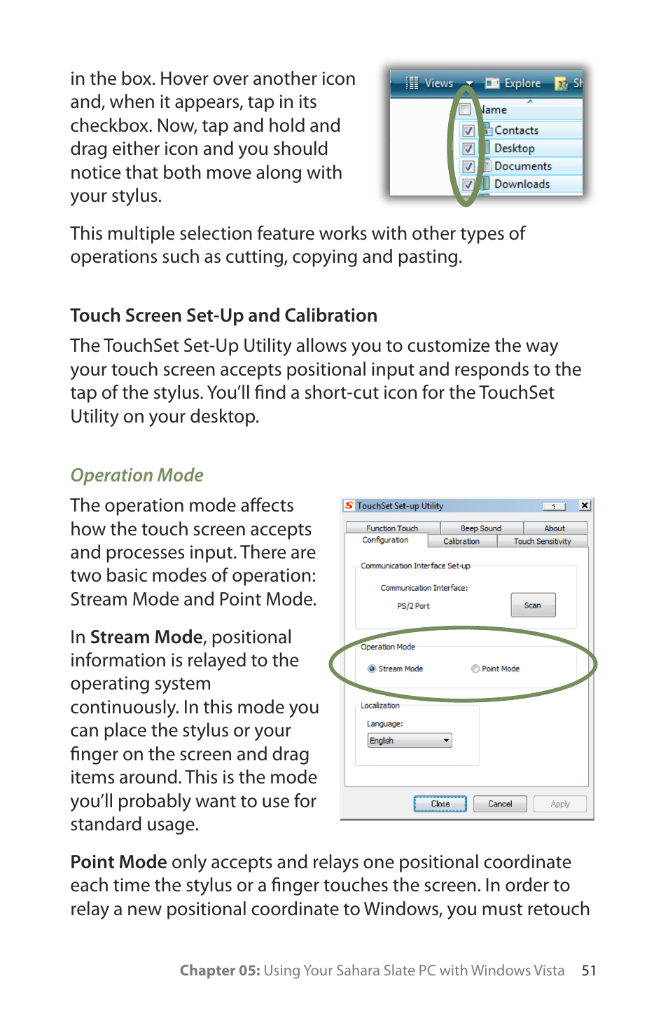 Touch screen set-up and calibration, Operation mode | TabletKiosk Sahara Slate PC i400 Series User Manual | Page 66 / 124
