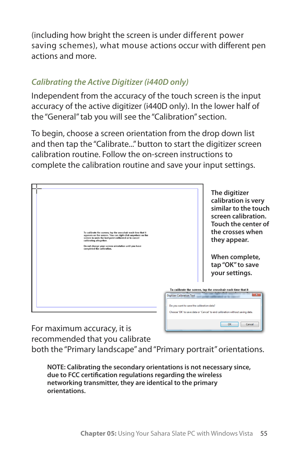 Calibrating the active digitizer (i440d only) | TabletKiosk Sahara Slate PC i400 Series User Manual | Page 70 / 124