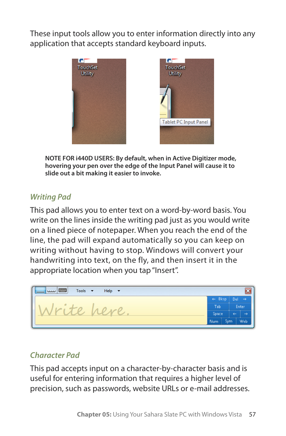 Writing pad, Character pad | TabletKiosk Sahara Slate PC i400 Series User Manual | Page 72 / 124
