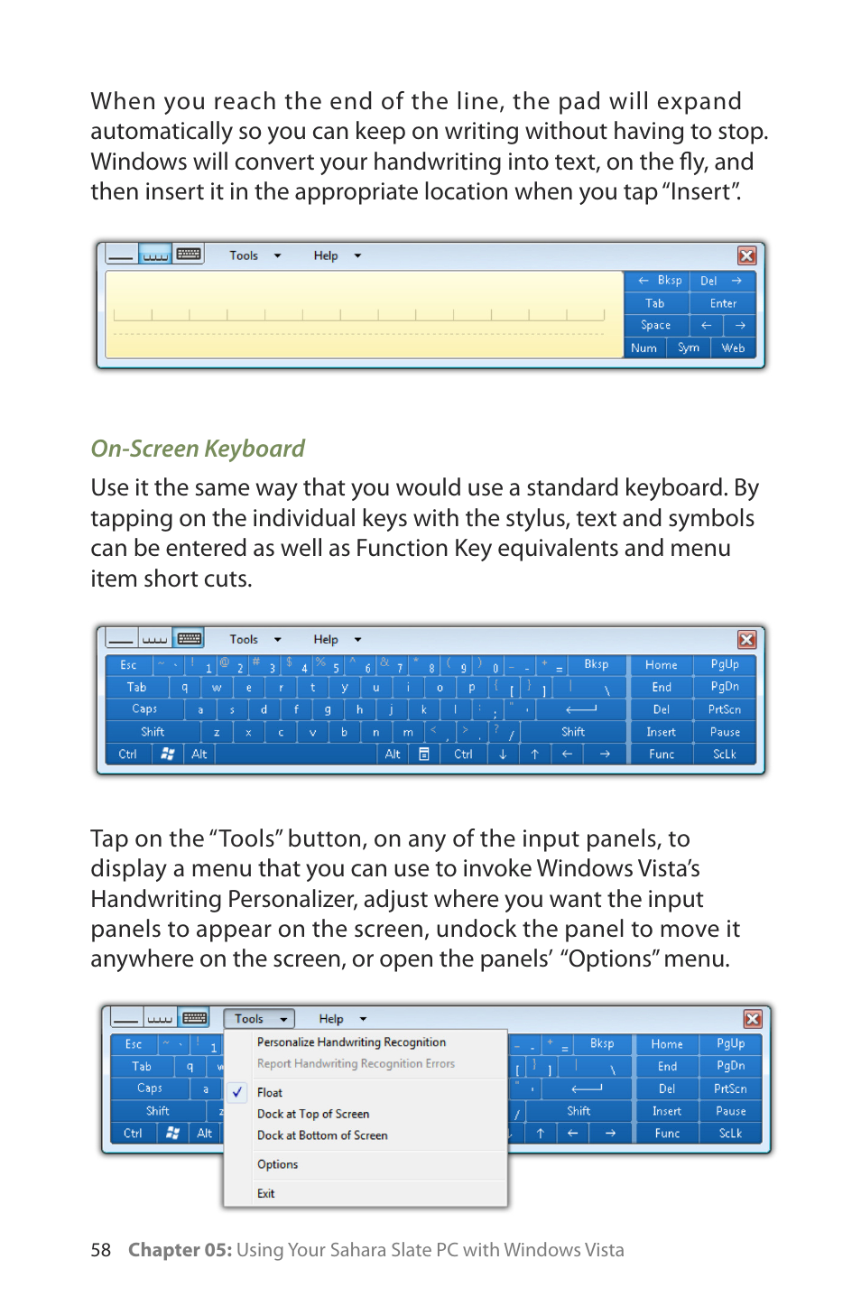 On-screen keyboard | TabletKiosk Sahara Slate PC i400 Series User Manual | Page 73 / 124