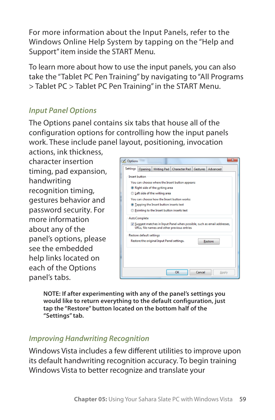 Input panel options, Improving handwriting recognition | TabletKiosk Sahara Slate PC i400 Series User Manual | Page 74 / 124
