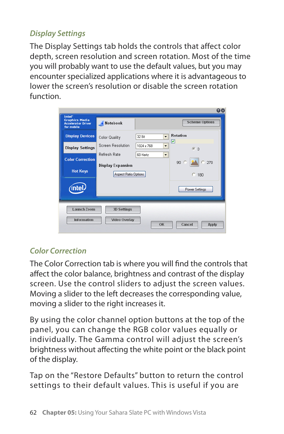 Display settings, Color correction | TabletKiosk Sahara Slate PC i400 Series User Manual | Page 77 / 124