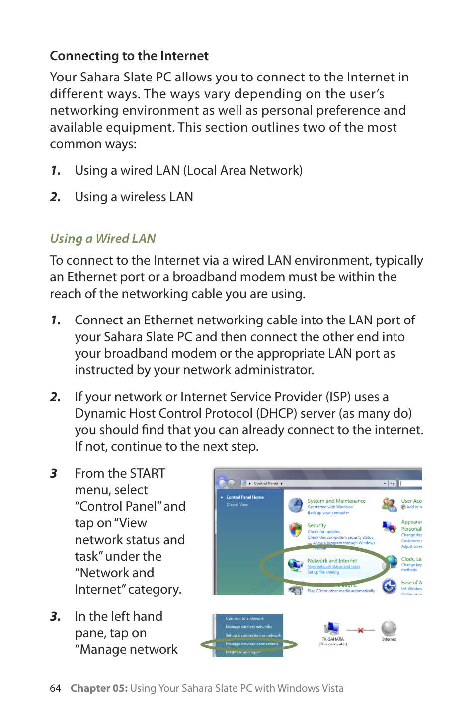 Connecting to the internet, Using a wired lan | TabletKiosk Sahara Slate PC i400 Series User Manual | Page 79 / 124