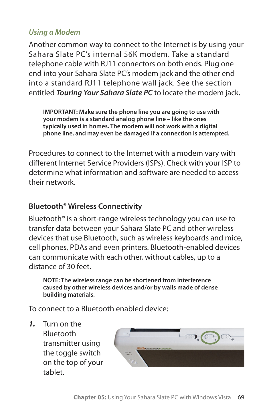 Using a modem, Bluetooth® wireless connectivity | TabletKiosk Sahara Slate PC i400 Series User Manual | Page 84 / 124