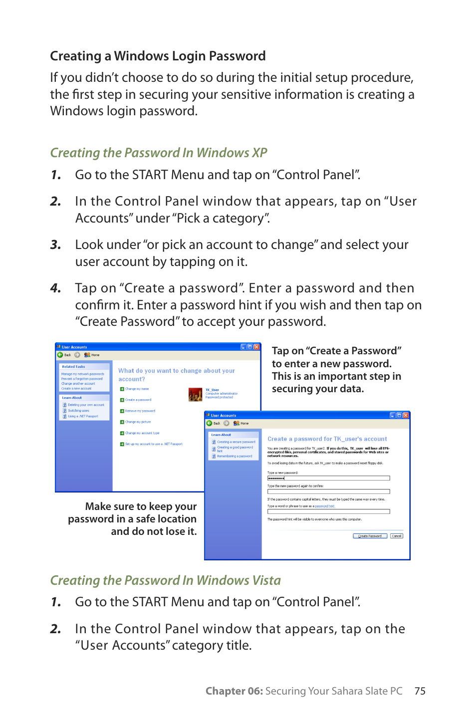Creating a windows login password, Creating the password in windows xp, Creating the password in windows vista | TabletKiosk Sahara Slate PC i400 Series User Manual | Page 90 / 124