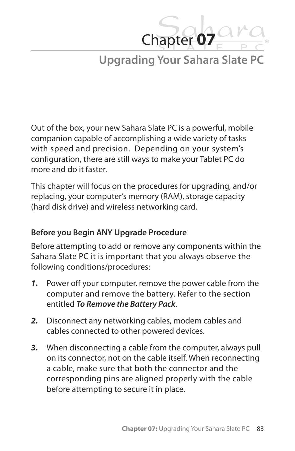 Upgrading your sahara slate pc, Before you begin any upgrade procedure, Chapter | TabletKiosk Sahara Slate PC i400 Series User Manual | Page 98 / 124
