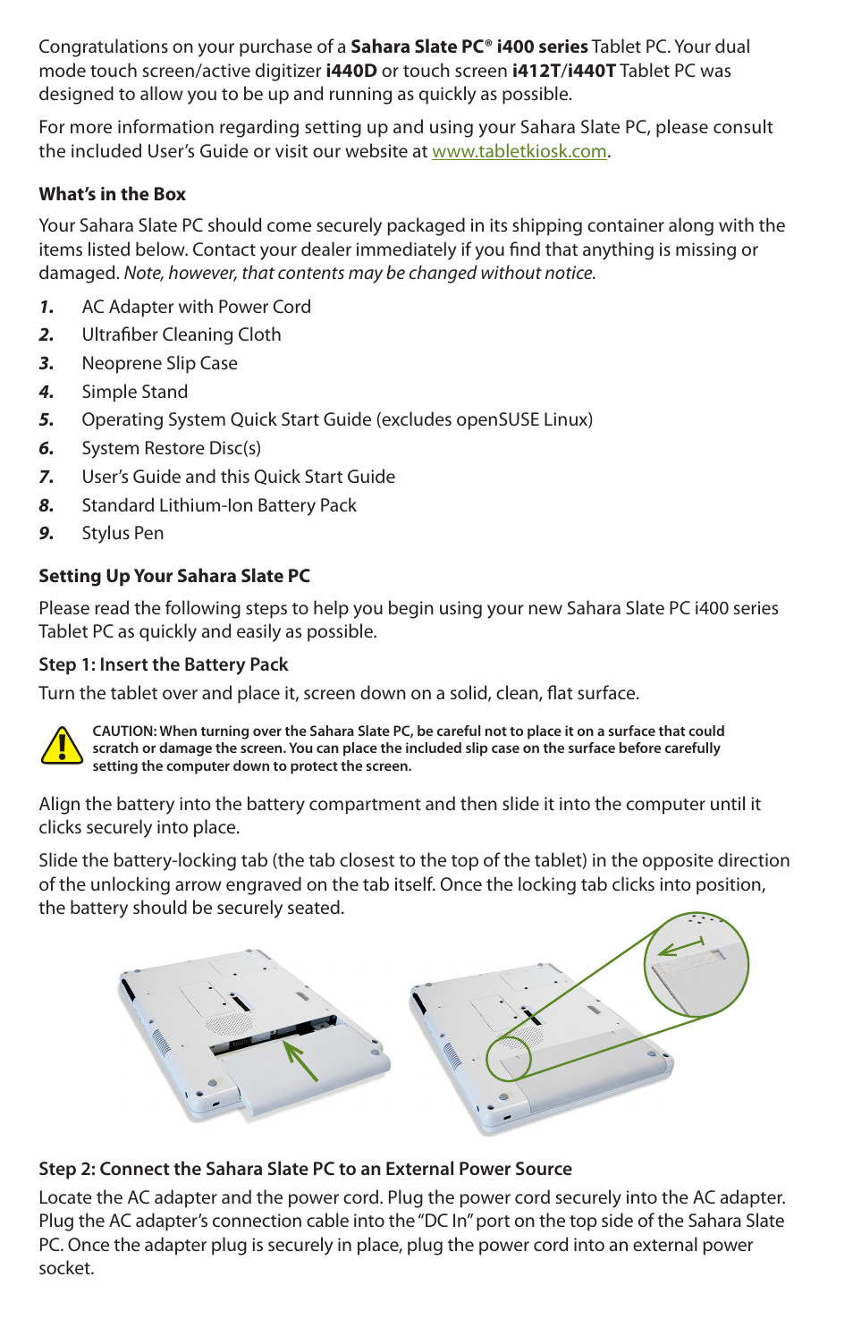 TabletKiosk Sahara Slate PC i400 Series User Manual | Page 2 / 8