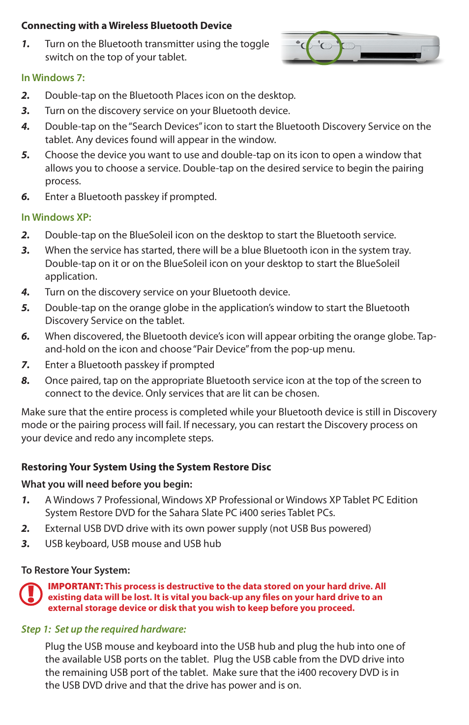 TabletKiosk Sahara Slate PC i400 Series User Manual | Page 6 / 8