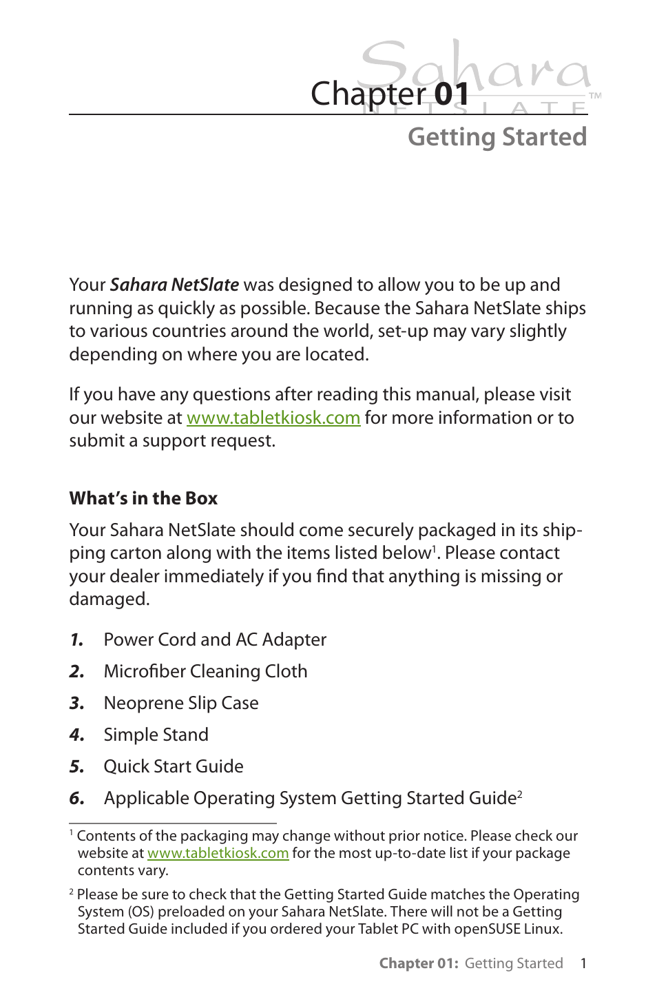 Getting started, What’s in the box, Chapter 01 | TabletKiosk Sahara NetSlate a230T User Manual | Page 16 / 100