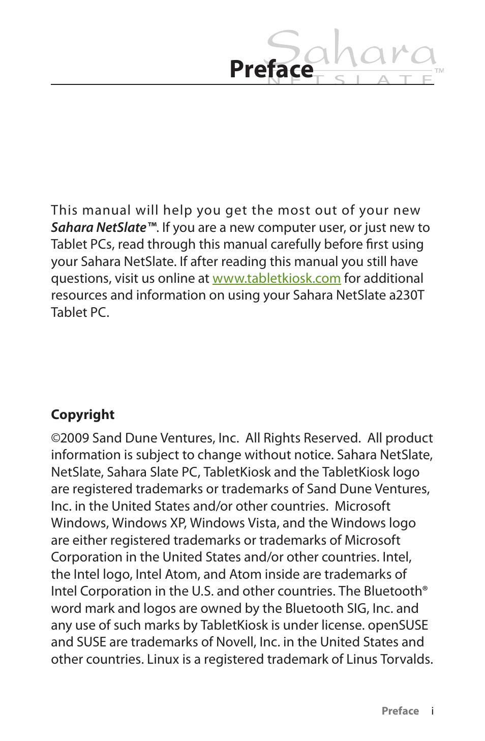Preface, Copyright | TabletKiosk Sahara NetSlate a230T User Manual | Page 2 / 100