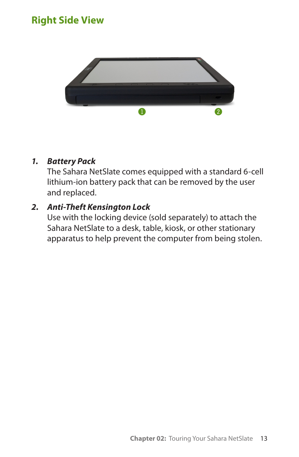 Right side view | TabletKiosk Sahara NetSlate a230T User Manual | Page 28 / 100