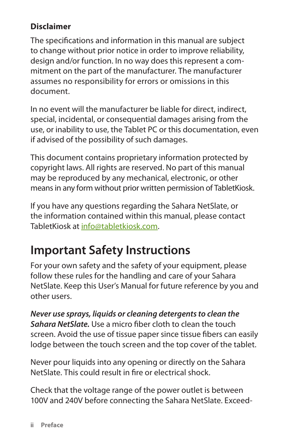 Disclaimer, Important safety instructions | TabletKiosk Sahara NetSlate a230T User Manual | Page 3 / 100