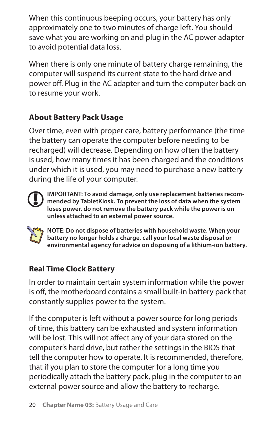 About battery pack usage, Real time clock battery | TabletKiosk Sahara NetSlate a230T User Manual | Page 35 / 100