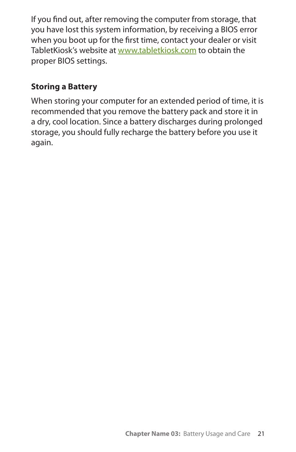 Storing a battery | TabletKiosk Sahara NetSlate a230T User Manual | Page 36 / 100