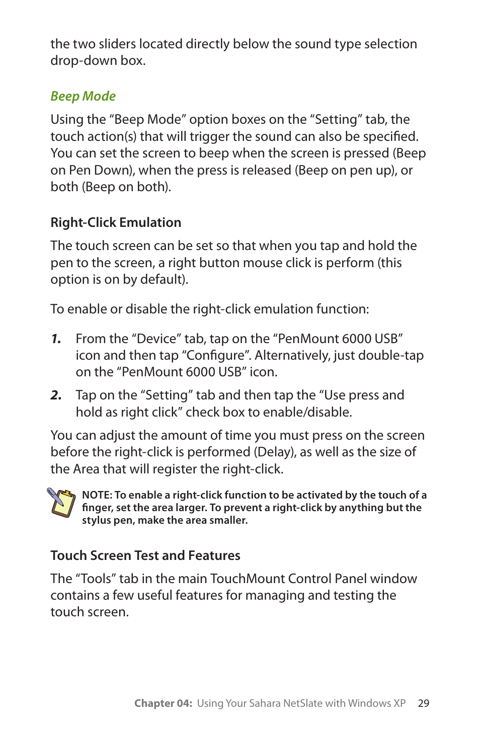 Beep mode, Right-click emulation, Touch screen test and features | TabletKiosk Sahara NetSlate a230T User Manual | Page 44 / 100