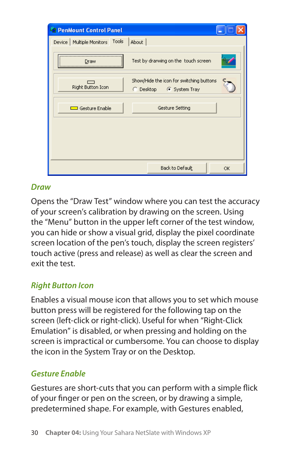 Draw, Right button icon, Gesture enable | TabletKiosk Sahara NetSlate a230T User Manual | Page 45 / 100