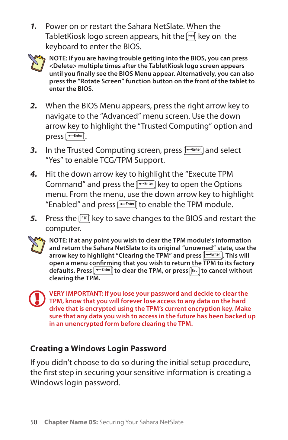 Creating a windows login password | TabletKiosk Sahara NetSlate a230T User Manual | Page 65 / 100