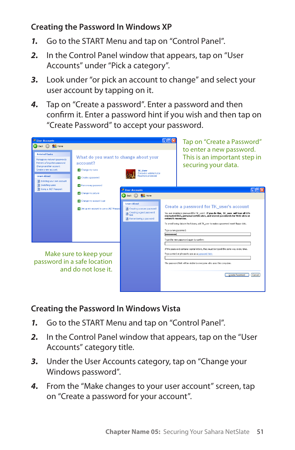 Creating the password in windows xp, Creating the password in windows vista | TabletKiosk Sahara NetSlate a230T User Manual | Page 66 / 100