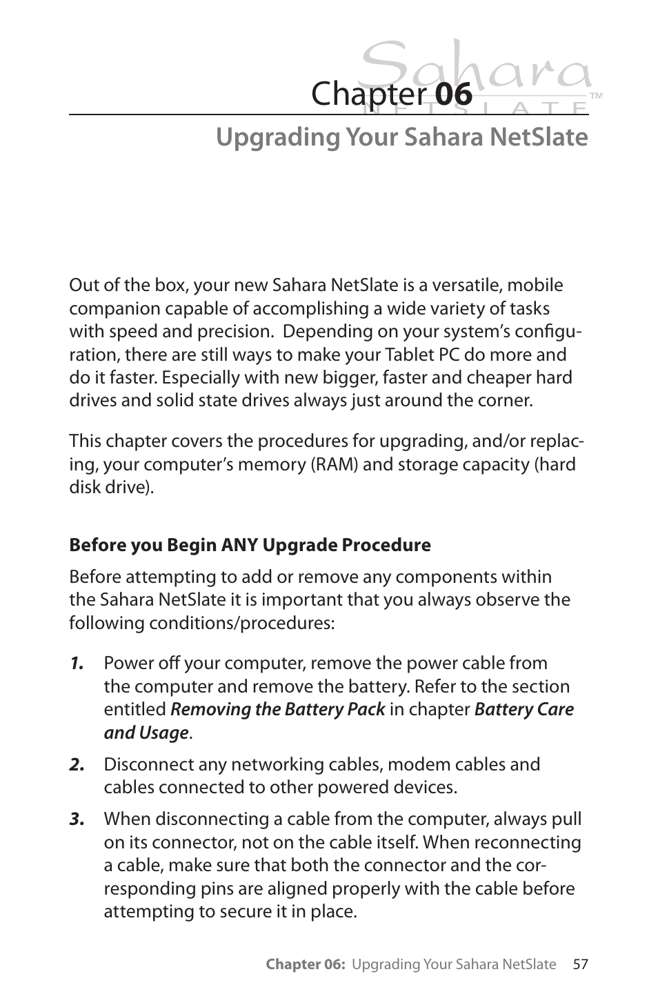 Upgrading your sahara netslate, Before you begin any upgrade procedure, Chapter 06 | TabletKiosk Sahara NetSlate a230T User Manual | Page 72 / 100