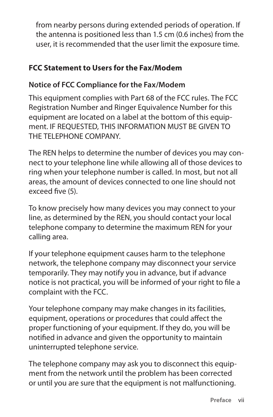 Fcc statement to users for the fax/modem | TabletKiosk Sahara NetSlate a230T User Manual | Page 8 / 100