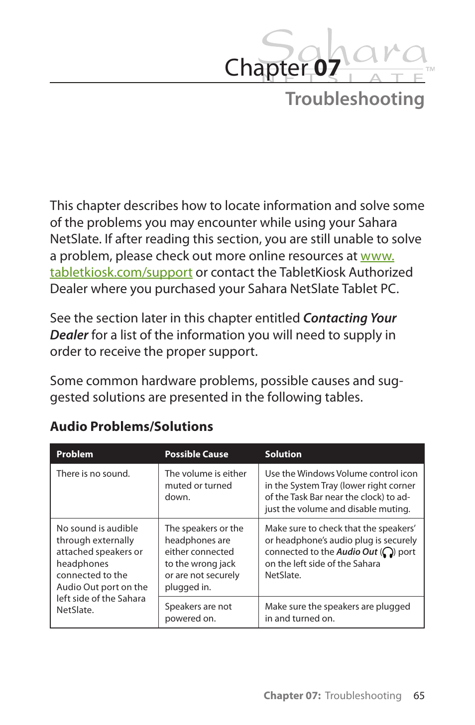 Troubleshooting, Chapter 07 | TabletKiosk Sahara NetSlate a230T User Manual | Page 80 / 100