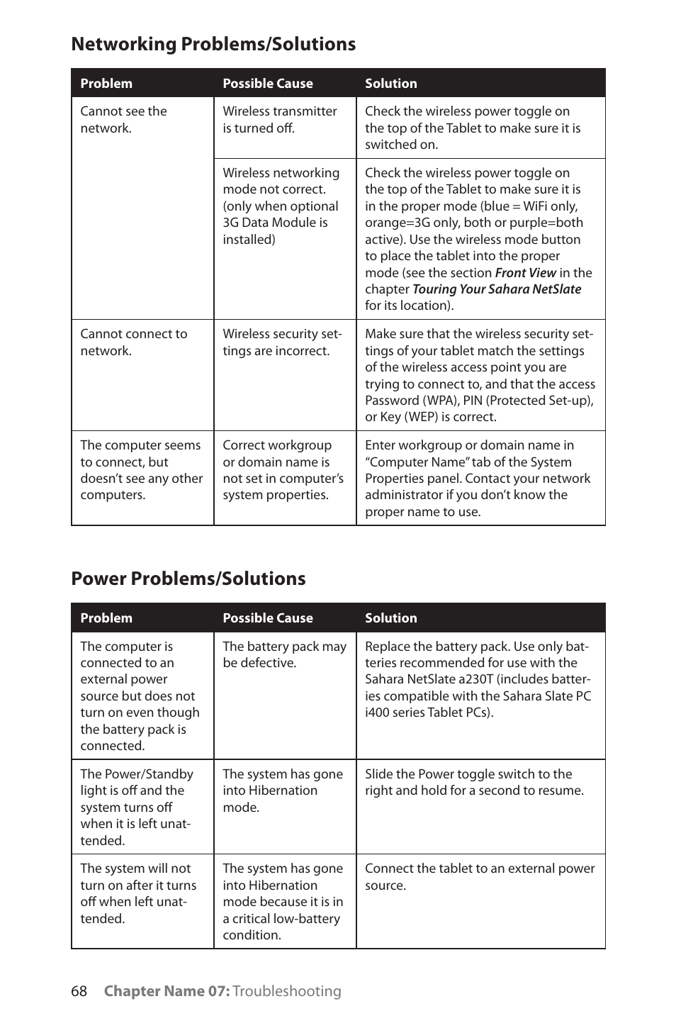 Networking problems/solutions, Power problems/solutions | TabletKiosk Sahara NetSlate a230T User Manual | Page 83 / 100