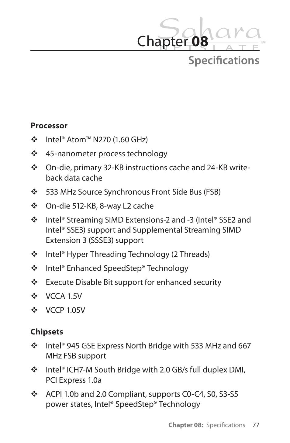 Specifications, Processor, Chipsets | Chapter 08 | TabletKiosk Sahara NetSlate a230T User Manual | Page 92 / 100