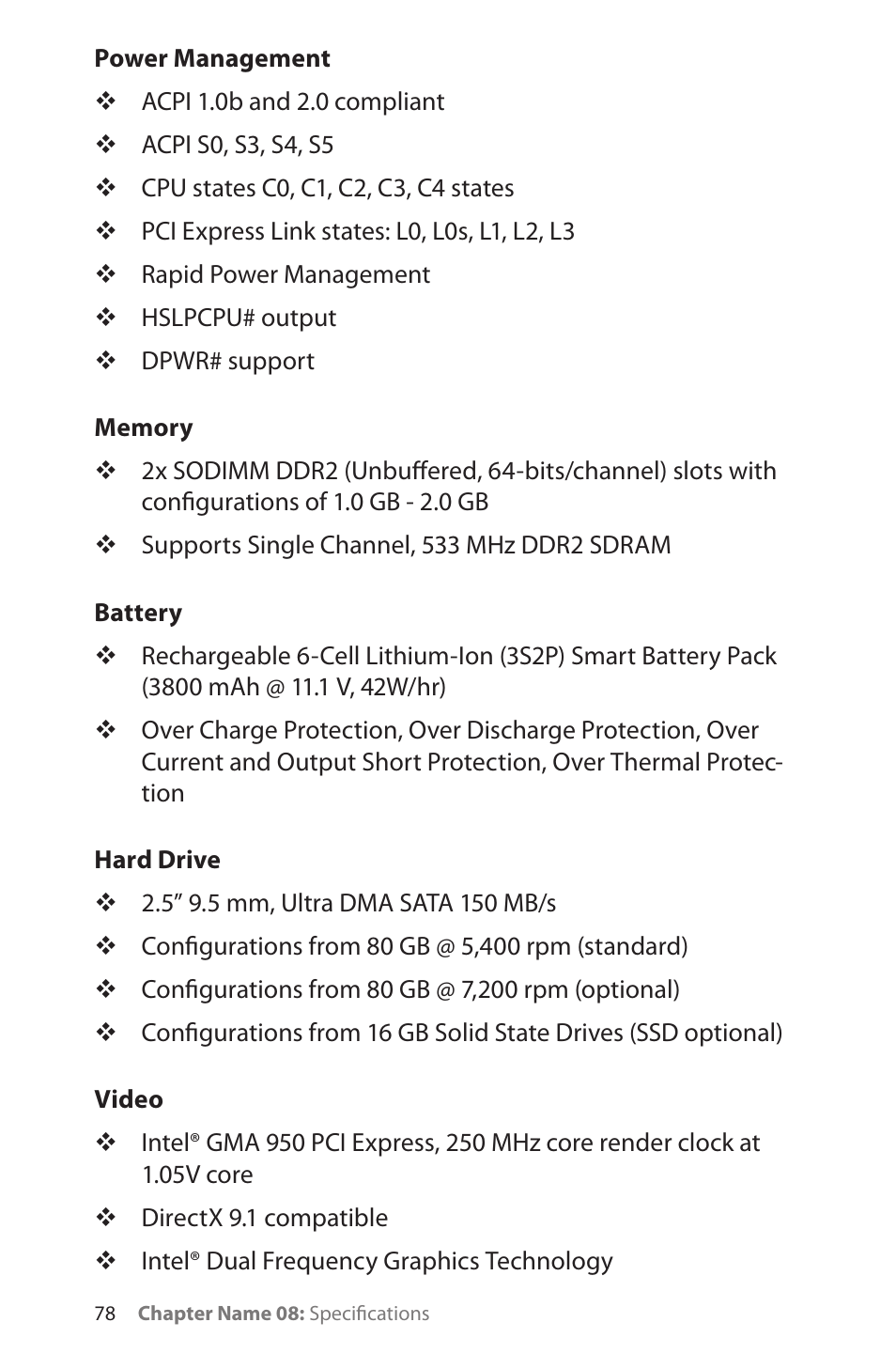 Power management, Memory, Battery | Hard drive, Video | TabletKiosk Sahara NetSlate a230T User Manual | Page 93 / 100