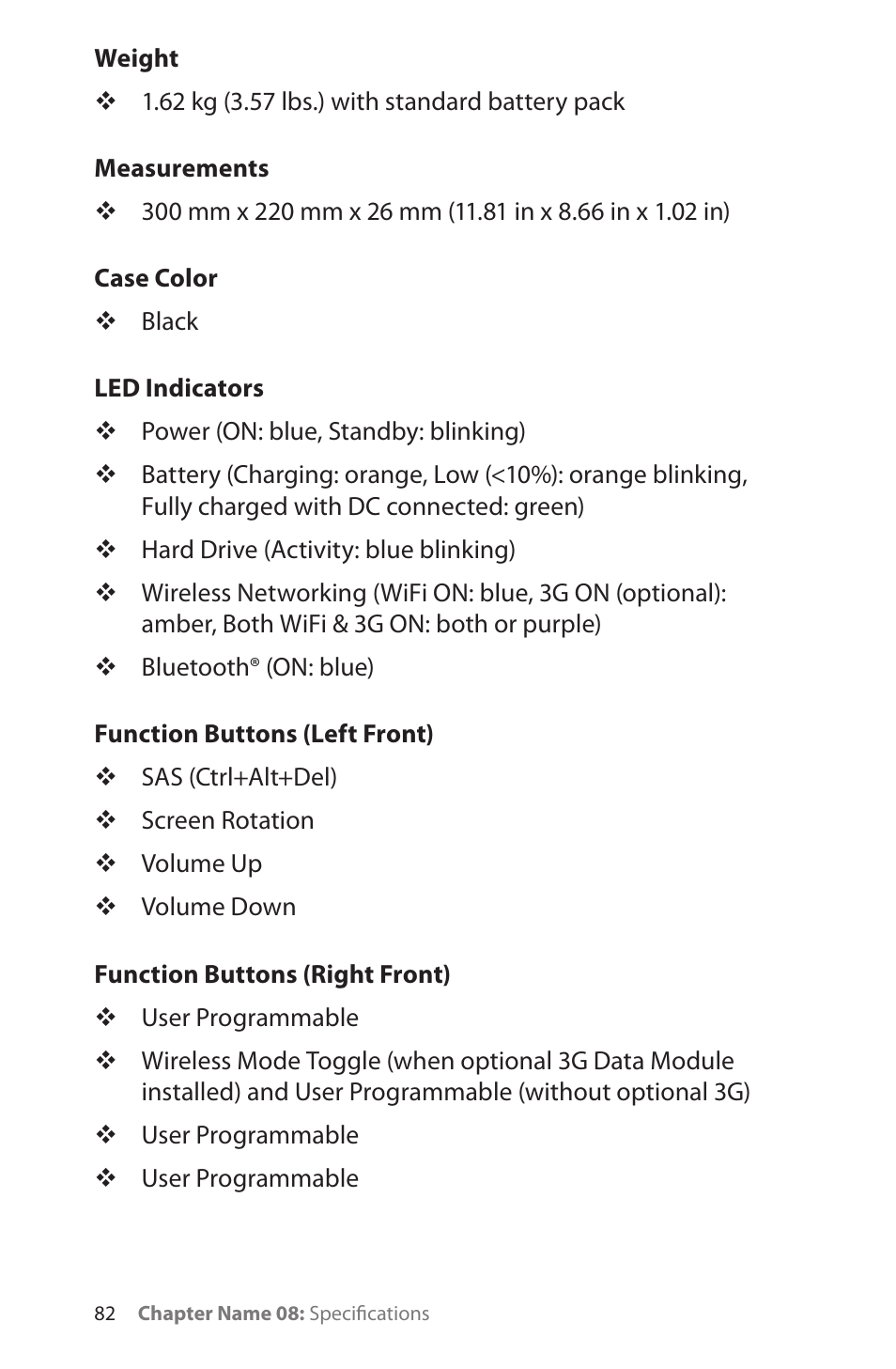 Weight, Measurements, Case color | Led indicators, Function buttons (left front), Function buttons (right front) | TabletKiosk Sahara NetSlate a230T User Manual | Page 97 / 100