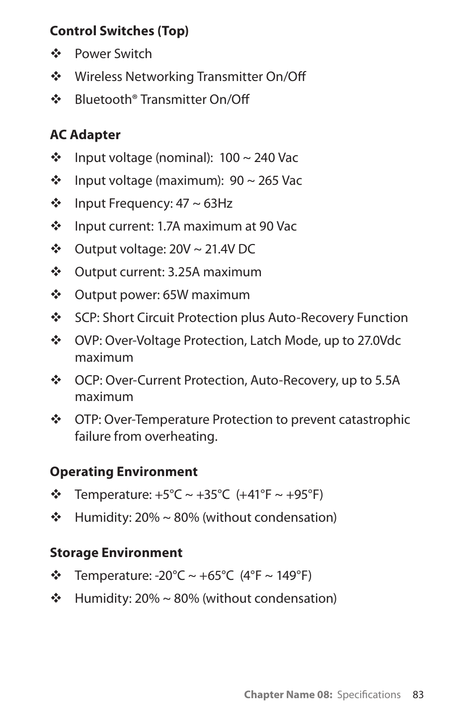 Control switches (top), Ac adapter, Operating environment | Storage environment | TabletKiosk Sahara NetSlate a230T User Manual | Page 98 / 100
