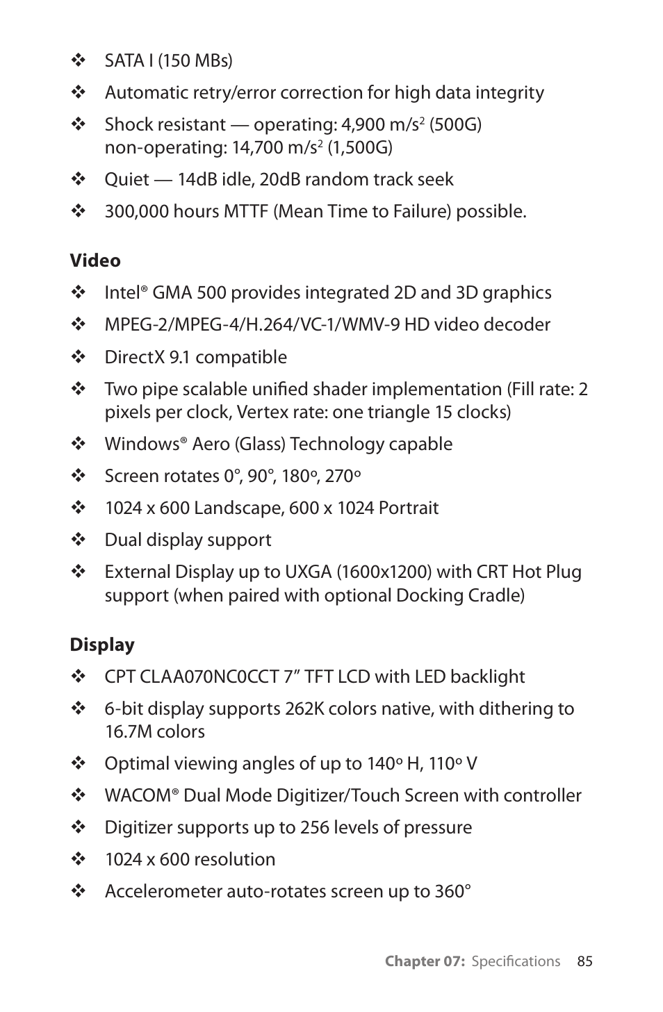 Video, Display, Video / display | TabletKiosk eo TufTab a7230X User Manual | Page 100 / 110