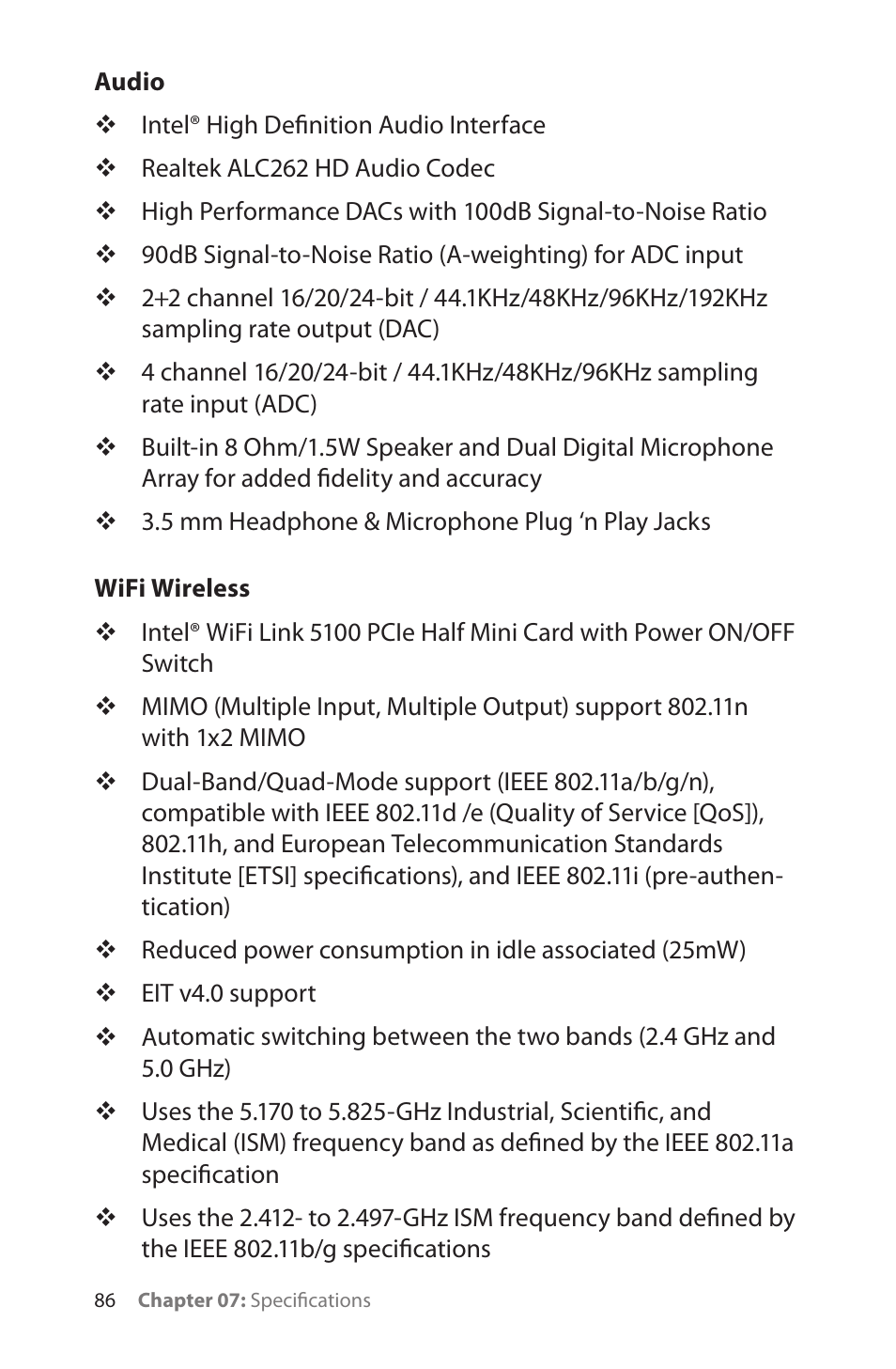 Audio, Wifi wireless, Audio / wifi wireless | TabletKiosk eo TufTab a7230X User Manual | Page 101 / 110