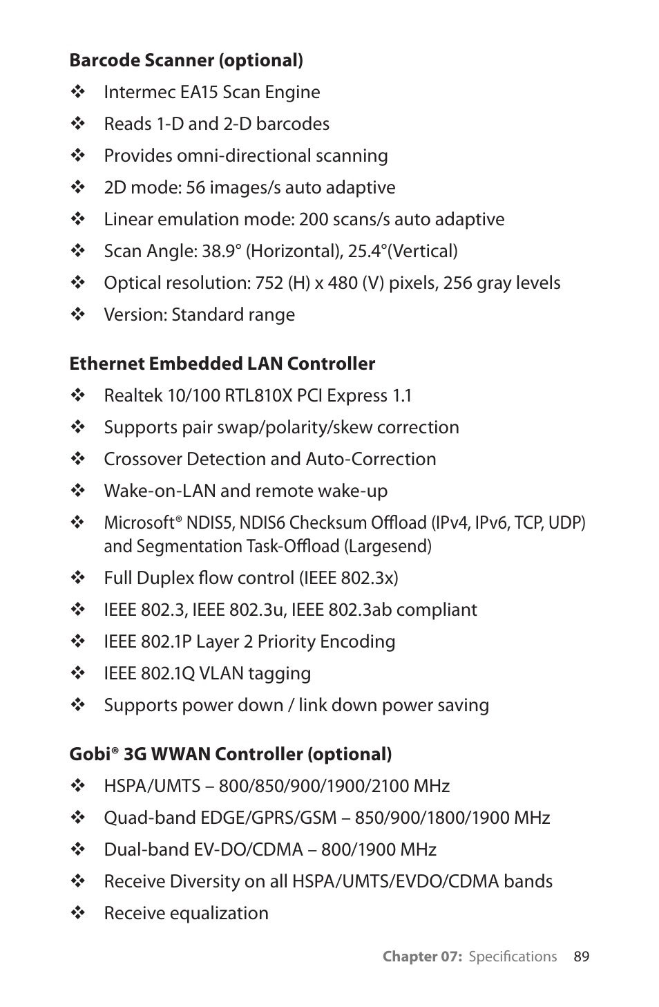 Barcode scanner (optional), Ethernet embedded lan controller, Gobi® 3g wwan controller (optional) | TabletKiosk eo TufTab a7230X User Manual | Page 104 / 110