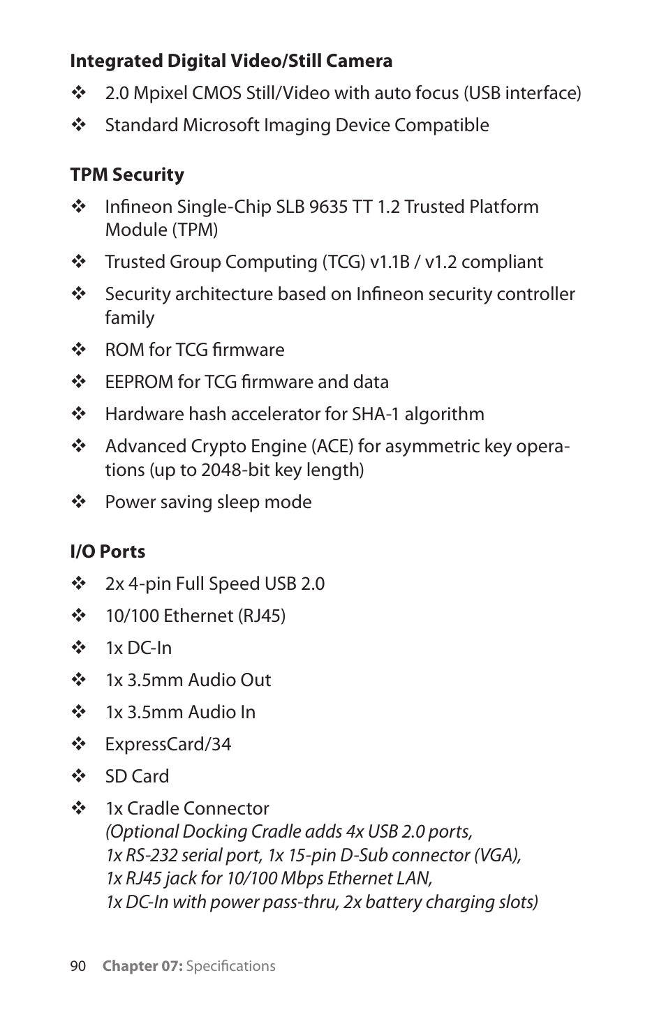 Integrated digital video/still camera, Tpm security, I/o ports | TabletKiosk eo TufTab a7230X User Manual | Page 105 / 110