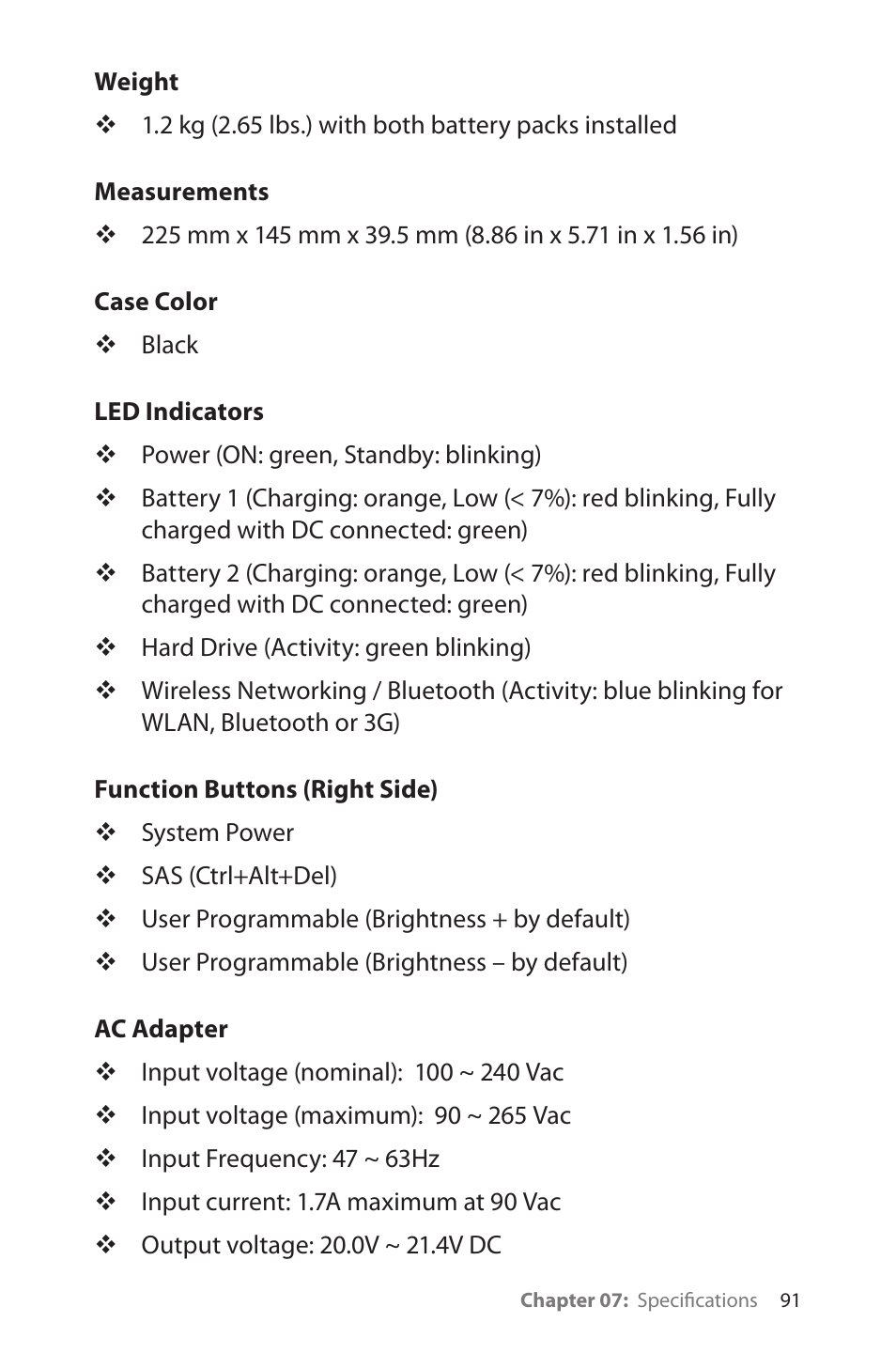 Weight, Measurements, Case color | Led indicators, Function buttons (right side), Ac adapter, Function buttons (right side) / ac adapter | TabletKiosk eo TufTab a7230X User Manual | Page 106 / 110