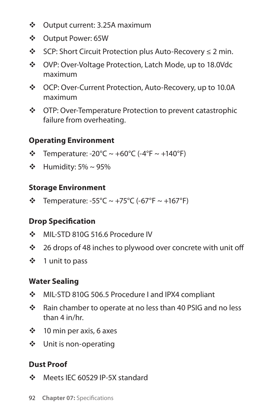 Operating environment, Storage environment, Drop specification | Water sealing, Dust proof, Operating environment / storage environment, Drop specification / water sealing / dust proof | TabletKiosk eo TufTab a7230X User Manual | Page 107 / 110