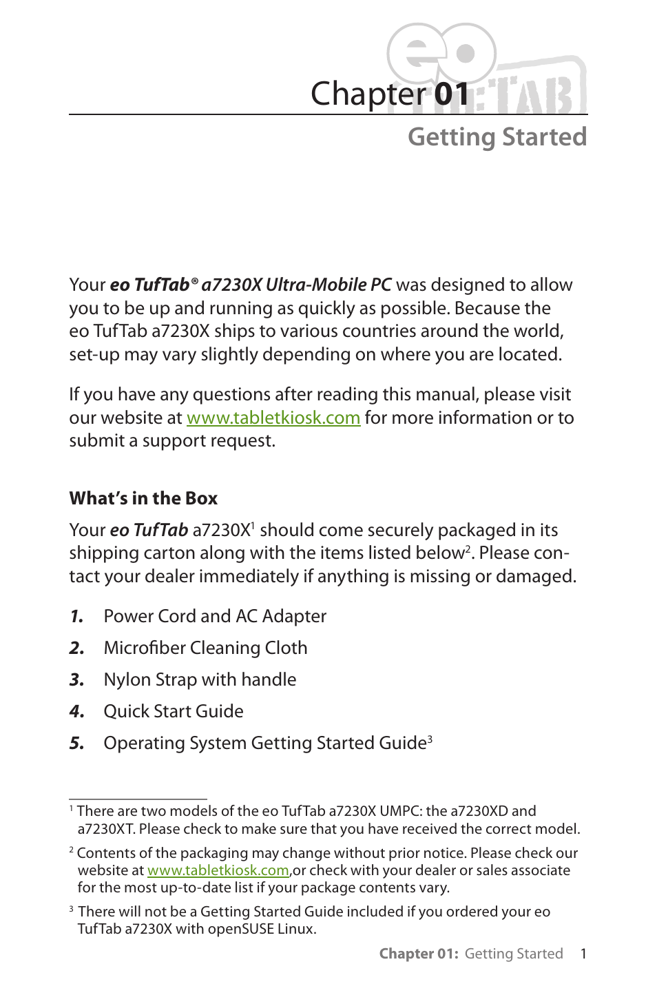 Getting started, What’s in the box, Gettingstarted | Chapter 01 | TabletKiosk eo TufTab a7230X User Manual | Page 16 / 110