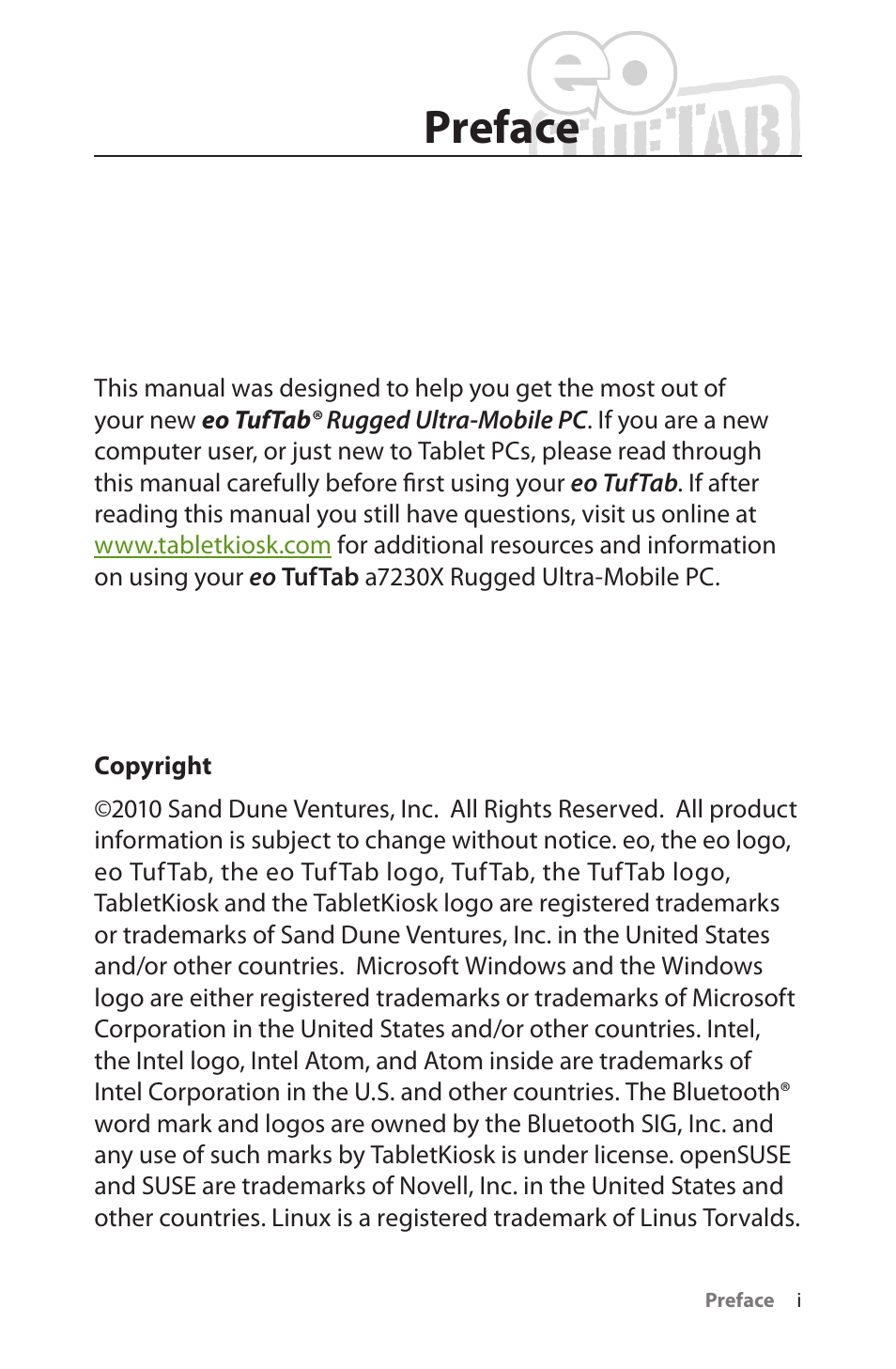 Preface | TabletKiosk eo TufTab a7230X User Manual | Page 2 / 110