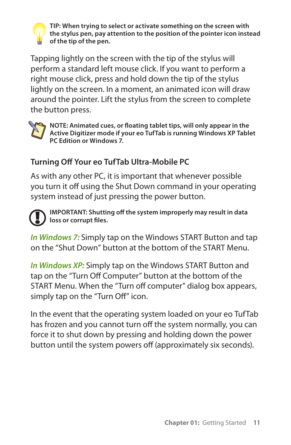 Turning off your eo tuftab ultra-mobile pc | TabletKiosk eo TufTab a7230X User Manual | Page 26 / 110