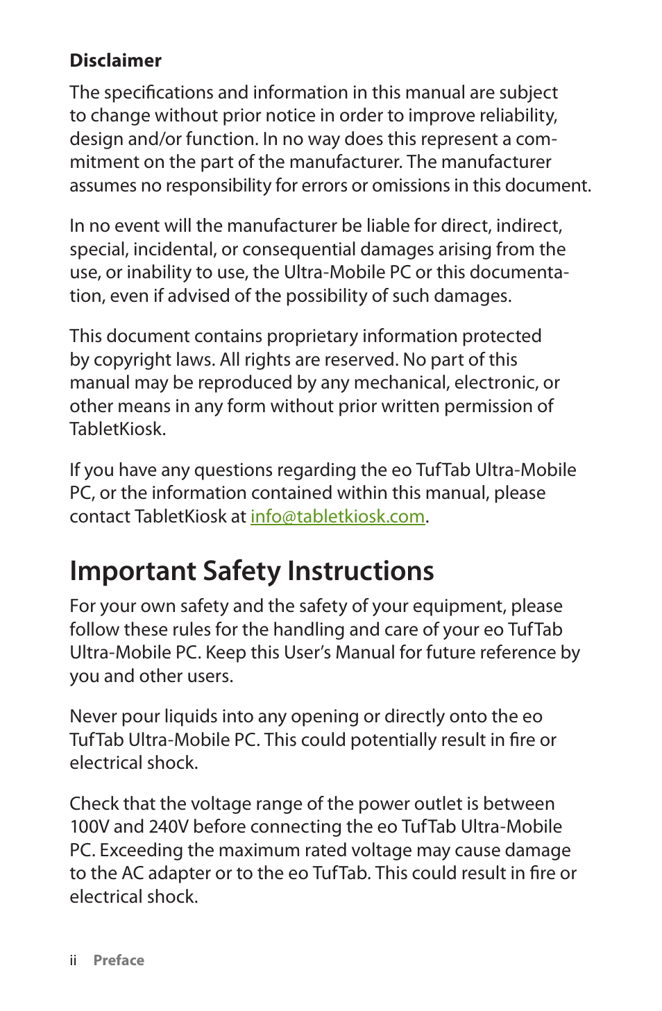 Important safety instructions | TabletKiosk eo TufTab a7230X User Manual | Page 3 / 110