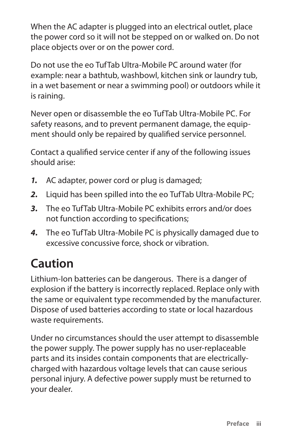 Caution | TabletKiosk eo TufTab a7230X User Manual | Page 4 / 110