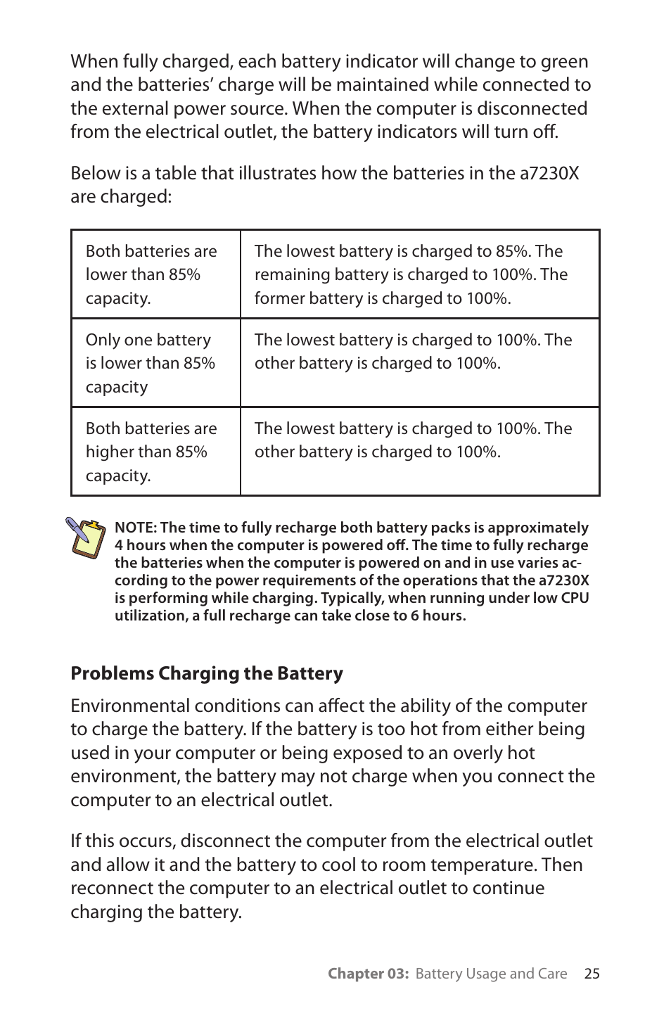 Problems charging the battery | TabletKiosk eo TufTab a7230X User Manual | Page 40 / 110