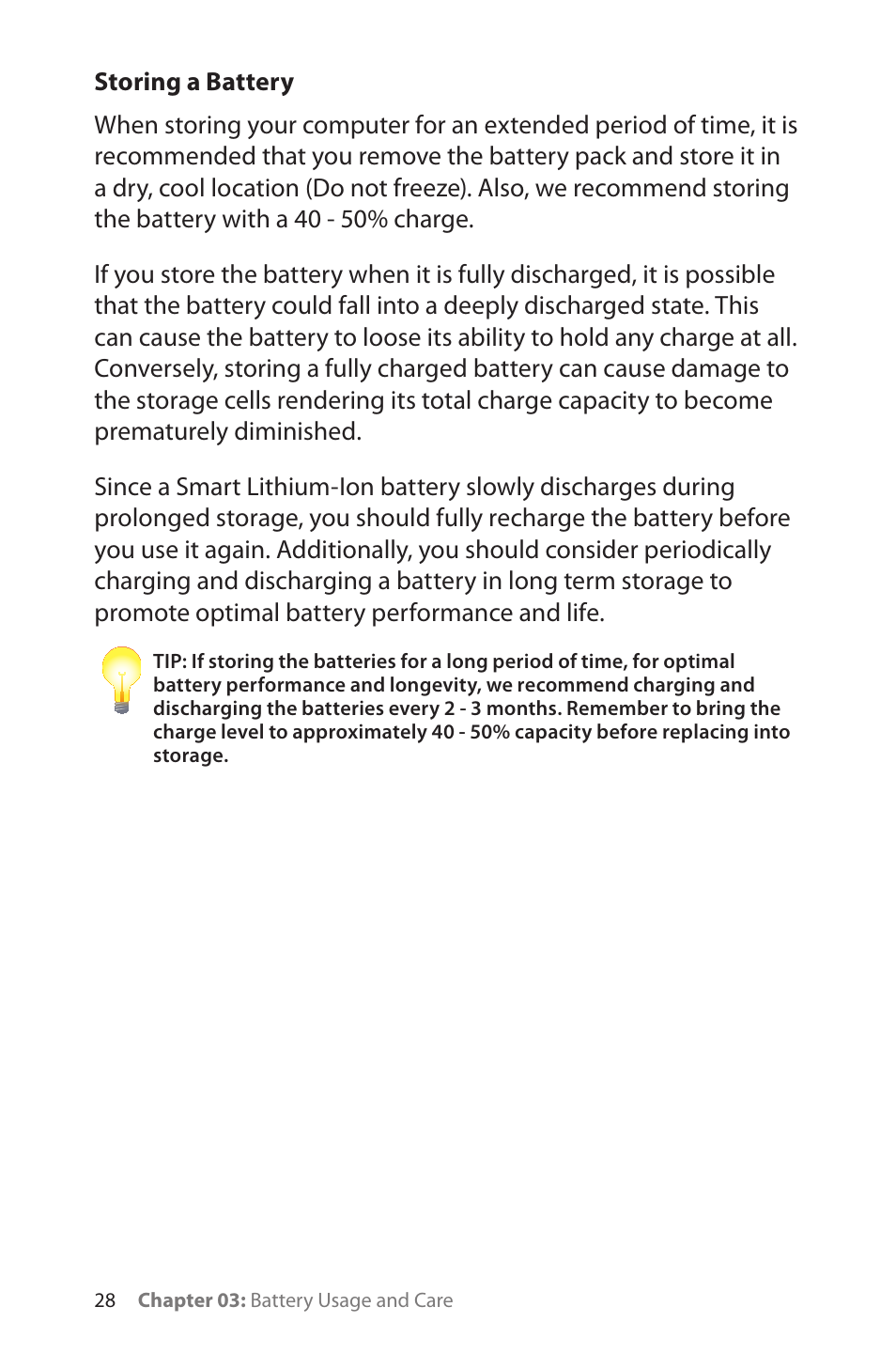 Storing a battery | TabletKiosk eo TufTab a7230X User Manual | Page 43 / 110