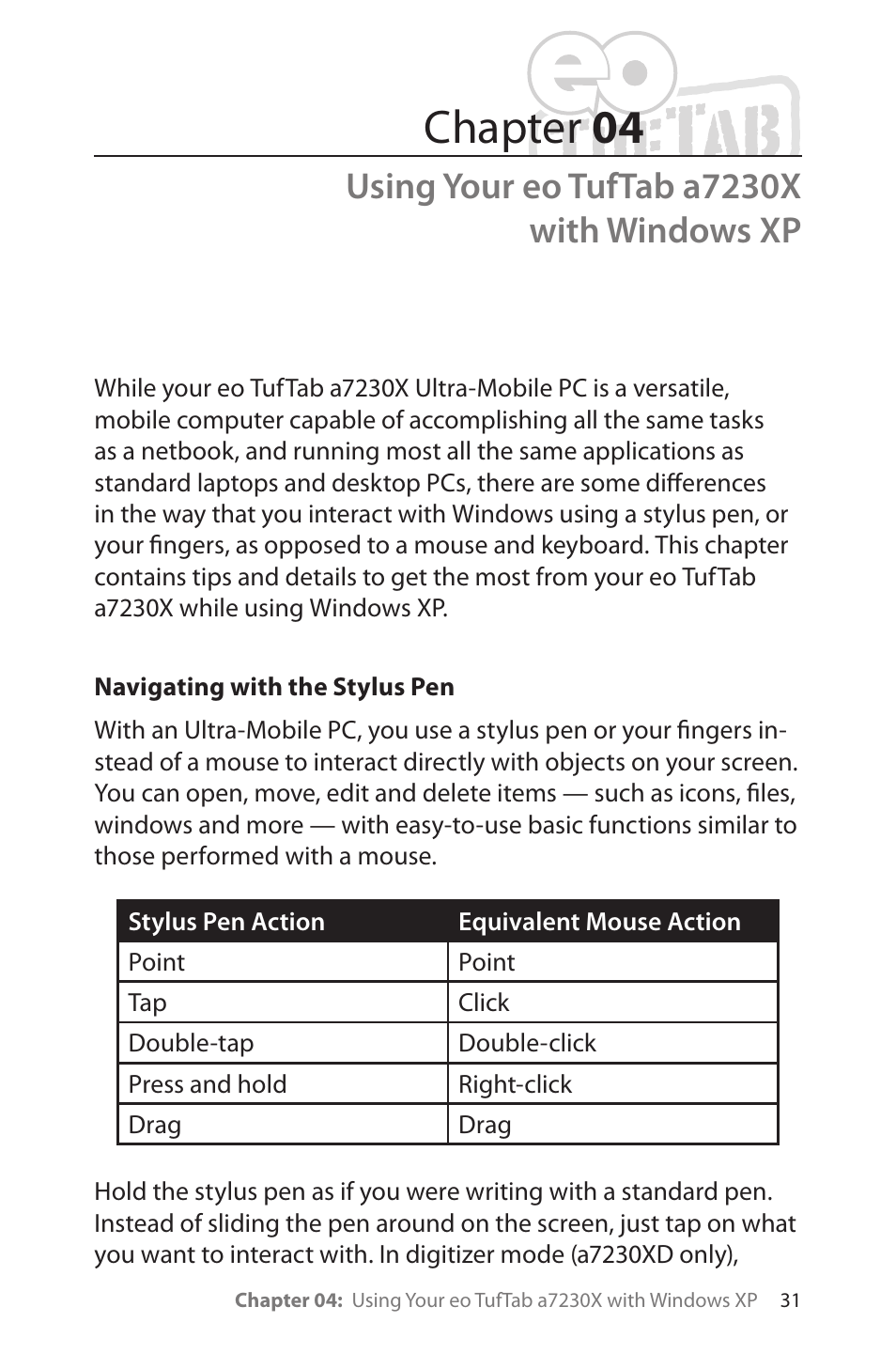 Using your eo tuftab a7230x with windows xp, Navigating with the stylus pen, Usingyoureotuftaba7230xwithwindowsxp | Chapter 04 | TabletKiosk eo TufTab a7230X User Manual | Page 46 / 110