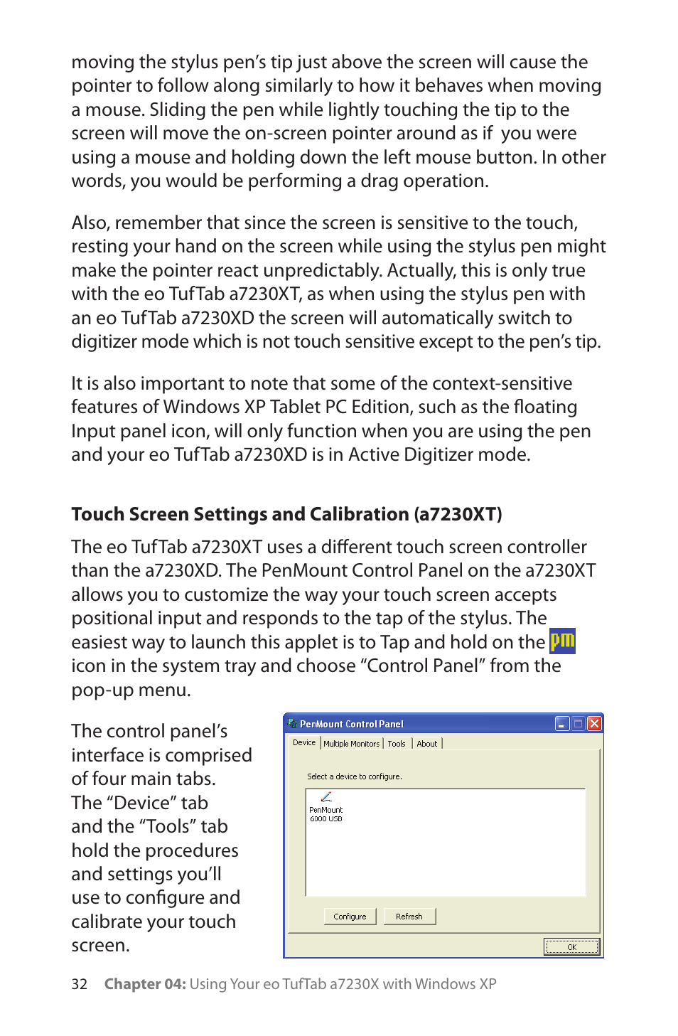 Touch screen settings and calibration (a7230xt) | TabletKiosk eo TufTab a7230X User Manual | Page 47 / 110