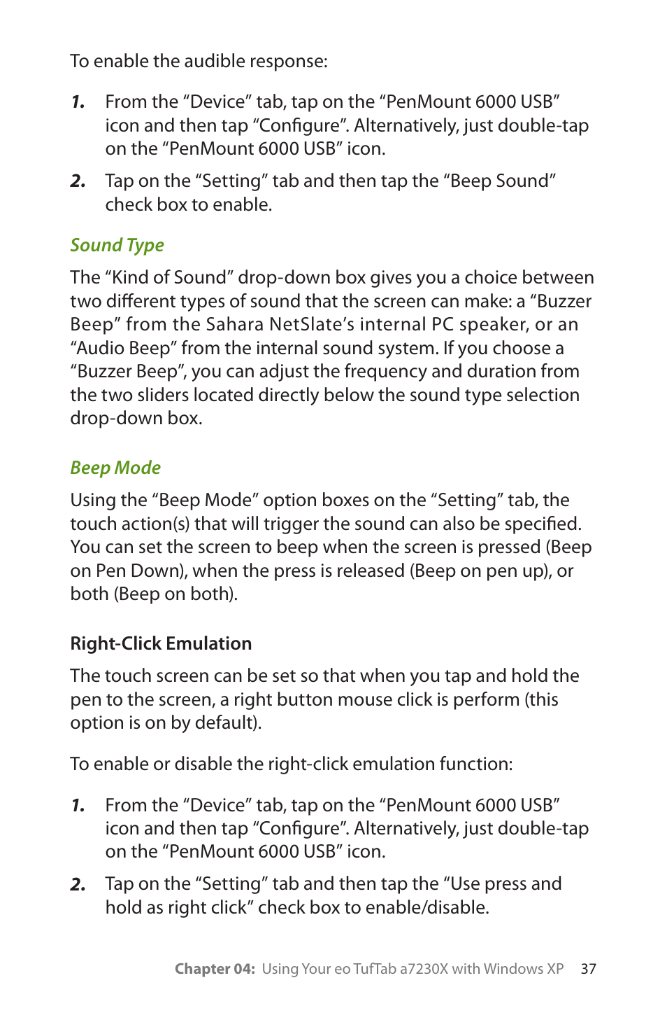 Sound type, Beep mode, Right-click emulation | TabletKiosk eo TufTab a7230X User Manual | Page 52 / 110