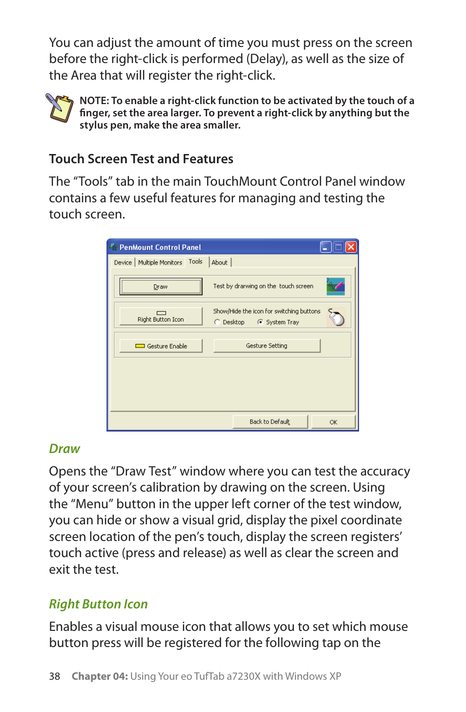 Touch screen test and features, Draw, Right button icon | TabletKiosk eo TufTab a7230X User Manual | Page 53 / 110