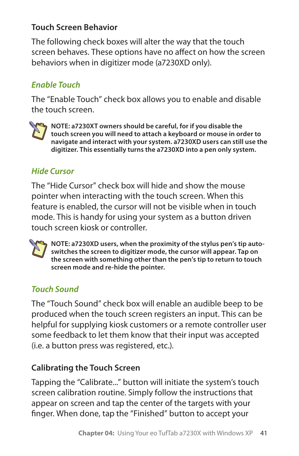 Touch screen behavior, Enable touch, Hide cursor | Touch sound, Calibrating the touch screen | TabletKiosk eo TufTab a7230X User Manual | Page 56 / 110